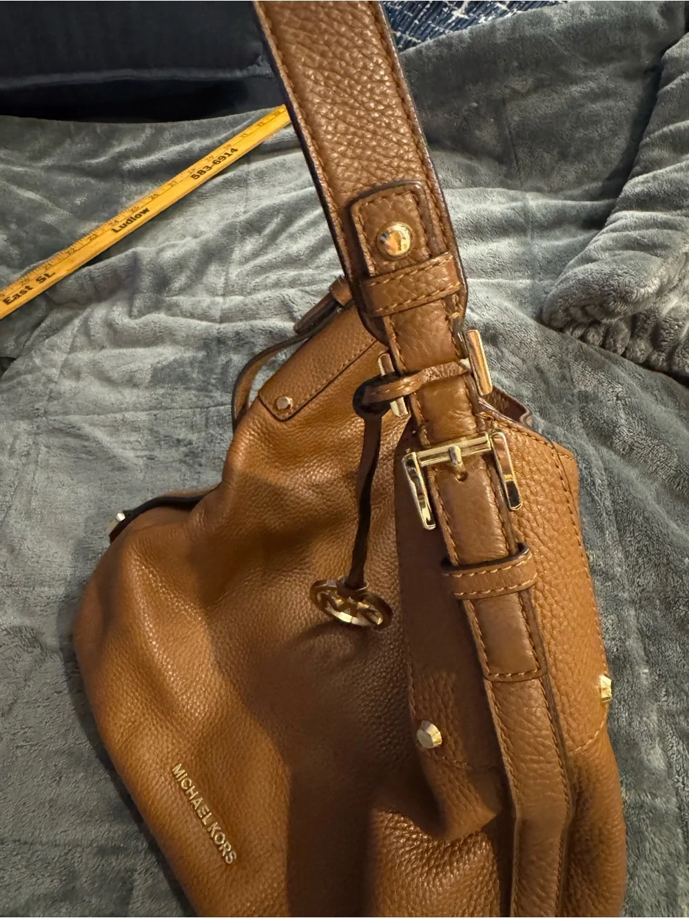 Michael Kors Cognac Pebbled Leather Shoulder Bag with MK Charm